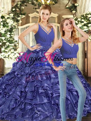 Sleeveless Organza Brush Train Backless Sweet 16 Dresses in Lavender with Ruffles