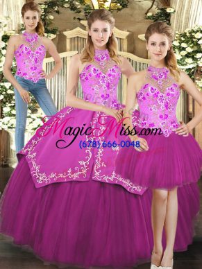 Excellent Fuchsia Lace Up Halter Top Embroidery Quinceanera Gowns Satin and Tulle Sleeveless