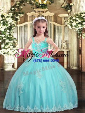 Sleeveless Floor Length Appliques Lace Up Little Girls Pageant Gowns with Aqua Blue