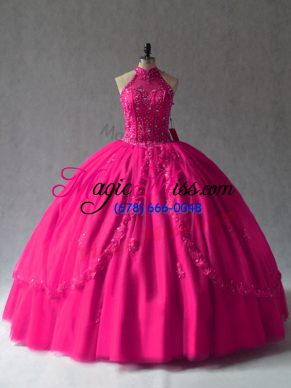 Floor Length Fuchsia Sweet 16 Dresses Halter Top Sleeveless Lace Up