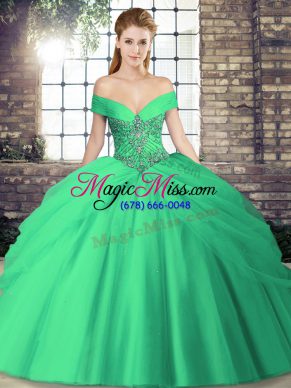 Sophisticated Turquoise Sweet 16 Dress Off The Shoulder Sleeveless Brush Train Lace Up