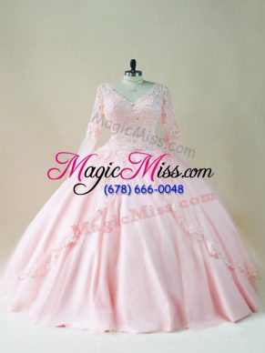 Beading and Appliques Quinceanera Gowns Baby Pink Lace Up Long Sleeves Floor Length