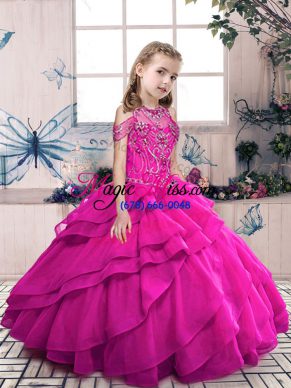 Sleeveless Organza Floor Length Lace Up Little Girls Pageant Gowns in Fuchsia with Beading and Ruffles