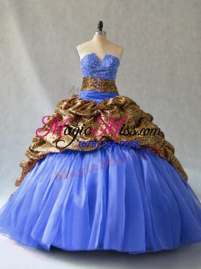 Blue Ball Gowns Beading and Pick Ups Quince Ball Gowns Lace Up Organza and Printed Sleeveless