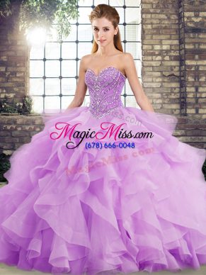 Hot Sale Lavender Tulle Lace Up Vestidos de Quinceanera Sleeveless Brush Train Beading and Ruffles