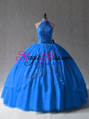 Floor Length Royal Blue Ball Gown Prom Dress Tulle Sleeveless Beading and Appliques