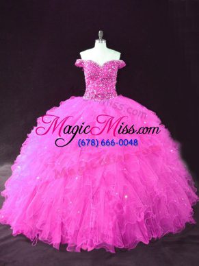 Floor Length Lace Up Quinceanera Dress Fuchsia for Sweet 16 and Quinceanera with Beading and Ruffles