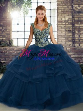 Blue Sleeveless Tulle Lace Up Quinceanera Gowns for Military Ball and Sweet 16 and Quinceanera