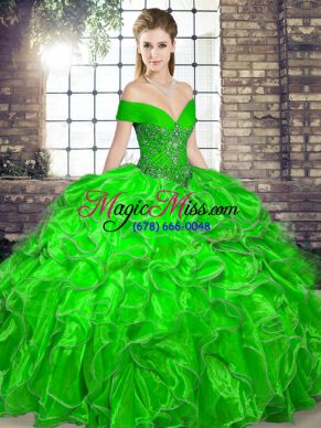 Green Ball Gowns Off The Shoulder Sleeveless Organza Floor Length Lace Up Beading and Ruffles Quinceanera Dresses