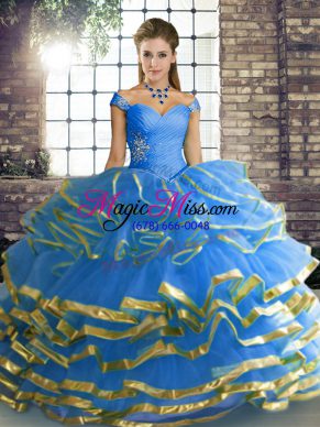 Blue Off The Shoulder Neckline Beading and Ruffled Layers Sweet 16 Dresses Sleeveless Lace Up