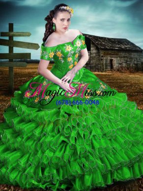 Popular Floor Length Lace Up Sweet 16 Dresses Green for Sweet 16 and Quinceanera with Embroidery and Ruffles