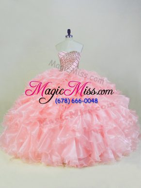 Sexy Sweetheart Sleeveless Quinceanera Gown Beading and Ruffles Peach Organza