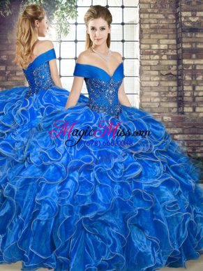 Royal Blue Organza Lace Up Sweet 16 Dresses Sleeveless Floor Length Beading and Ruffles