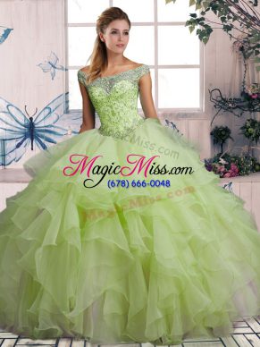 Clearance Organza Off The Shoulder Sleeveless Lace Up Beading and Ruffles Sweet 16 Dresses in Yellow Green