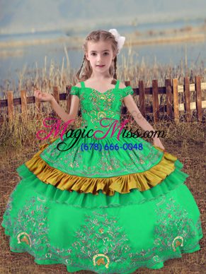 Popular Turquoise Satin Lace Up Off The Shoulder Sleeveless Floor Length Kids Formal Wear Beading and Embroidery