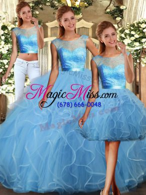 Baby Blue Sleeveless Tulle Backless Quinceanera Dresses for Military Ball and Sweet 16 and Quinceanera