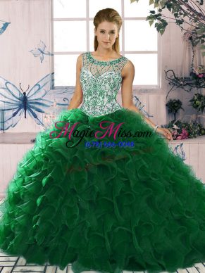 Ideal Dark Green Lace Up 15 Quinceanera Dress Beading and Ruffles Sleeveless Floor Length