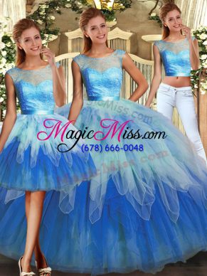 Custom Fit Multi-color Ball Gowns Tulle Scoop Sleeveless Lace and Ruffles Floor Length Lace Up Vestidos de Quinceanera