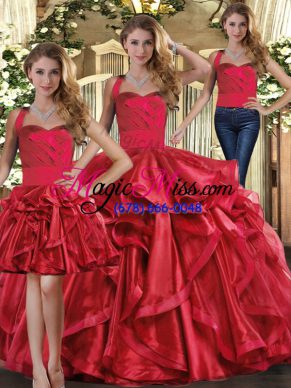 Pretty Red Three Pieces Straps Sleeveless Organza Floor Length Lace Up Ruffles Quinceanera Dresses