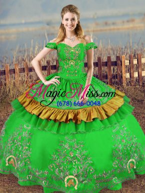 Green Satin Lace Up Off The Shoulder Sleeveless Floor Length Quinceanera Gowns Embroidery