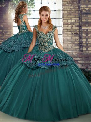 Green Sleeveless Tulle Lace Up Quinceanera Gown for Military Ball and Sweet 16 and Quinceanera