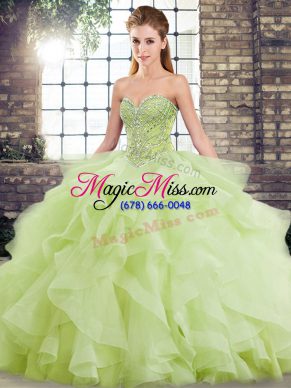 Yellow Green Tulle Lace Up Sweetheart Sleeveless 15 Quinceanera Dress Brush Train Beading and Ruffles