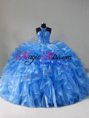 Blue Ball Gowns Organza Scoop Sleeveless Beading and Ruffles Zipper Quinceanera Gown Brush Train