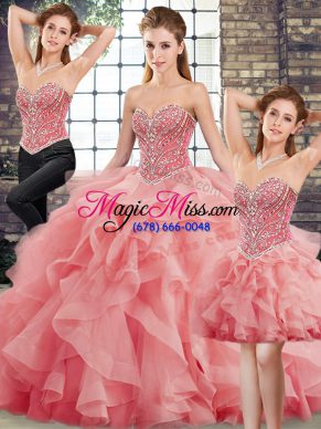 Watermelon Red Tulle Lace Up Sweetheart Sleeveless Quinceanera Gowns Brush Train Beading and Ruffles