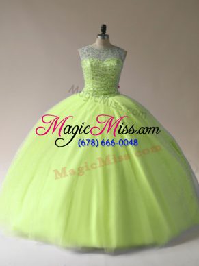 Yellow Green Ball Gowns Beading Quinceanera Gowns Lace Up Tulle Sleeveless Floor Length