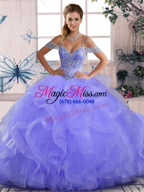 Sleeveless Tulle Asymmetrical Lace Up Vestidos de Quinceanera in Lavender with Beading and Ruffles