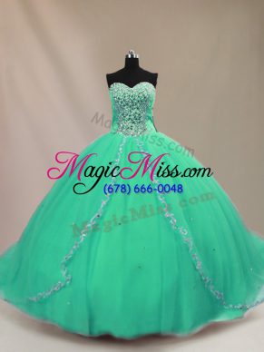 Flirting Turquoise Lace Up Sweet 16 Dresses Beading Sleeveless Court Train