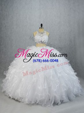 Sleeveless Brush Train Beading and Ruffles Lace Up Quinceanera Gown