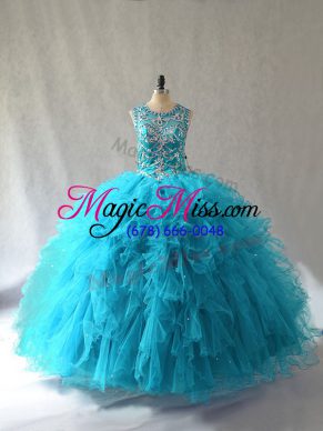 Noble Baby Blue Sleeveless Floor Length Beading and Ruffles Lace Up Vestidos de Quinceanera