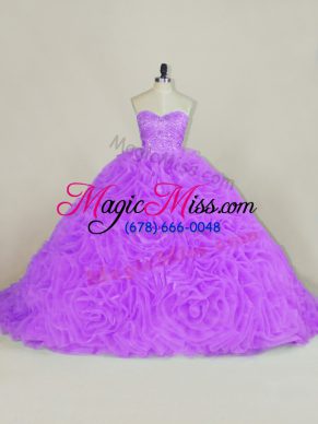 Sweetheart Sleeveless 15 Quinceanera Dress Court Train Beading Lavender Fabric With Rolling Flowers