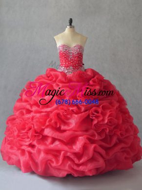 Coral Red Quinceanera Gown Sweet 16 and Quinceanera with Beading and Pick Ups Sweetheart Sleeveless Lace Up