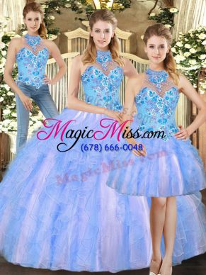 High Quality Tulle Halter Top Sleeveless Lace Up Embroidery Sweet 16 Quinceanera Dress in Multi-color