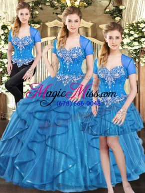 Exceptional Blue Quince Ball Gowns Military Ball and Sweet 16 and Quinceanera with Beading and Ruffles Sweetheart Sleeveless Lace Up