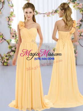 Shining Sleeveless Chiffon Brush Train Lace Up Dama Dress in Gold with Hand Made Flower