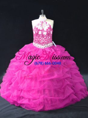 Sleeveless Organza Floor Length Backless Sweet 16 Dresses in Fuchsia with Beading and Lace and Pick Ups