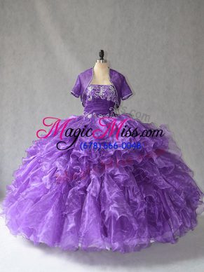 Sleeveless Taffeta Floor Length Lace Up Quinceanera Gowns in Purple with Beading and Ruffles