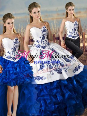 Organza Sweetheart Sleeveless Lace Up Embroidery and Ruffles Quinceanera Gowns in Blue And White