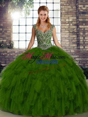 Discount Olive Green Sleeveless Floor Length Beading and Ruffles Lace Up Ball Gown Prom Dress