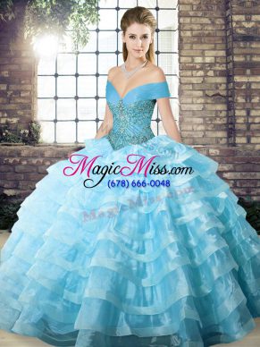 Fancy Aqua Blue Organza Lace Up Quinceanera Gown Sleeveless Brush Train Beading and Ruffled Layers