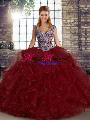 Wine Red Straps Neckline Beading and Ruffles Quinceanera Gown Sleeveless Lace Up