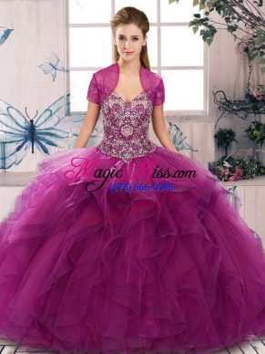 Beading and Ruffles Quinceanera Gown Fuchsia Lace Up Sleeveless Floor Length