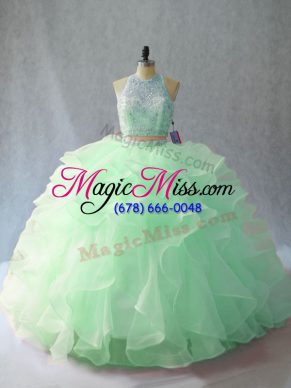 Modern Apple Green Quinceanera Dress Halter Top Sleeveless Brush Train Backless