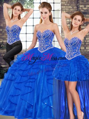 Three Pieces Quince Ball Gowns Royal Blue Sweetheart Tulle Sleeveless Floor Length Lace Up