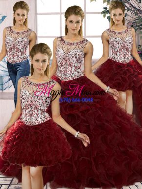 Beauteous Burgundy Lace Up Sweet 16 Quinceanera Dress Beading and Ruffles Sleeveless Floor Length