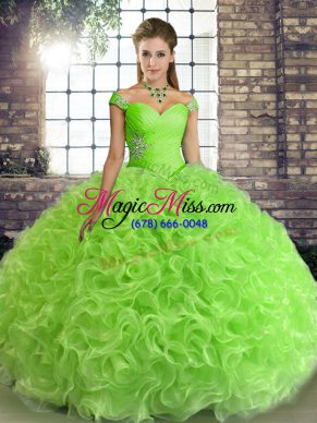 Lovely Sleeveless Fabric With Rolling Flowers Floor Length Lace Up Quince Ball Gowns in with Beading