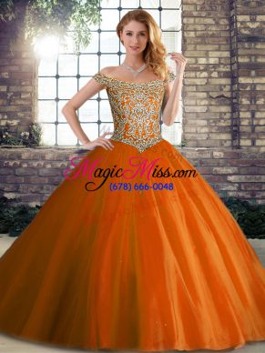 Orange Red Quince Ball Gowns Tulle Brush Train Sleeveless Beading